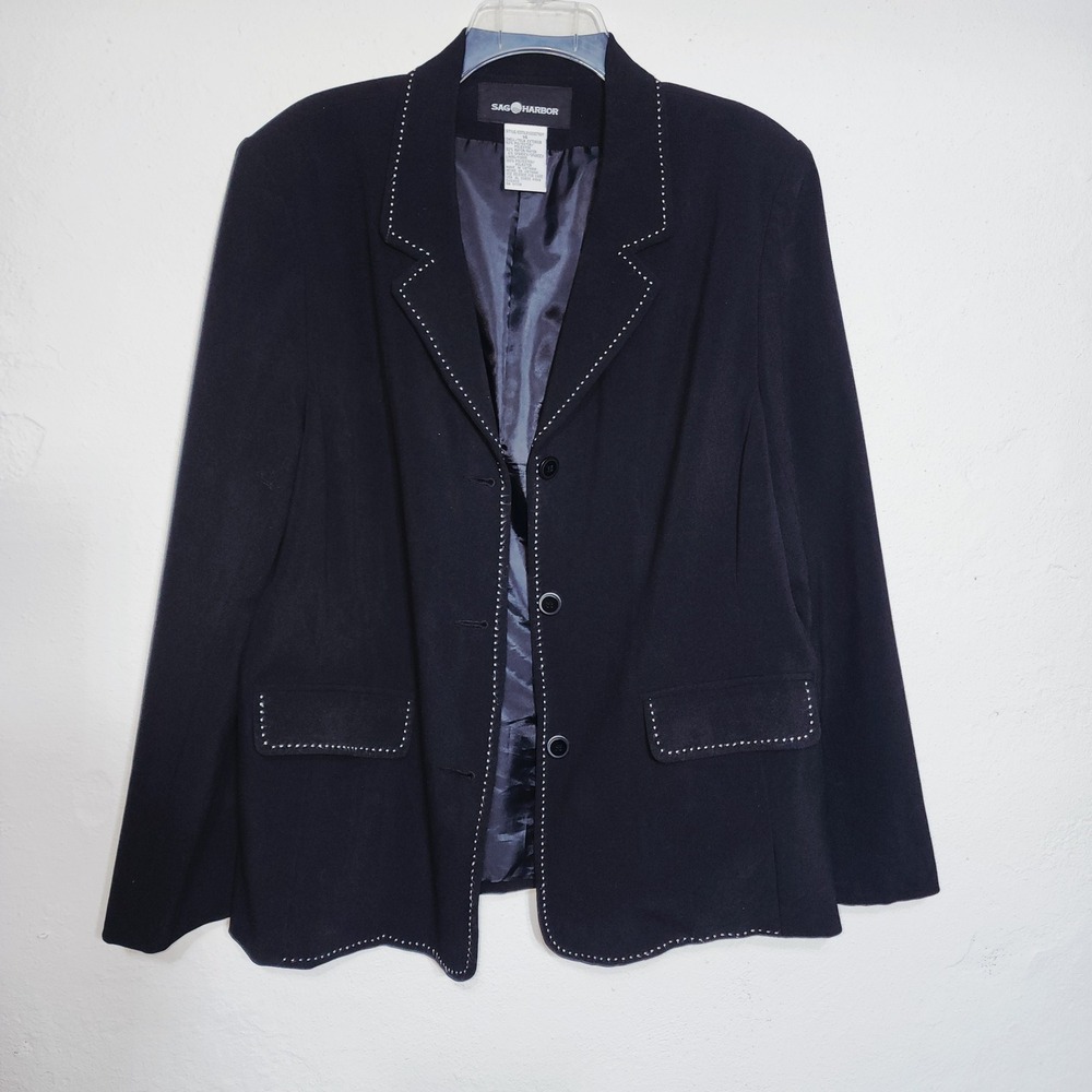Sag Harbor Blazer Jacket 14 Black Vintage Pick Stitch Career Office - Picture 3 of 8